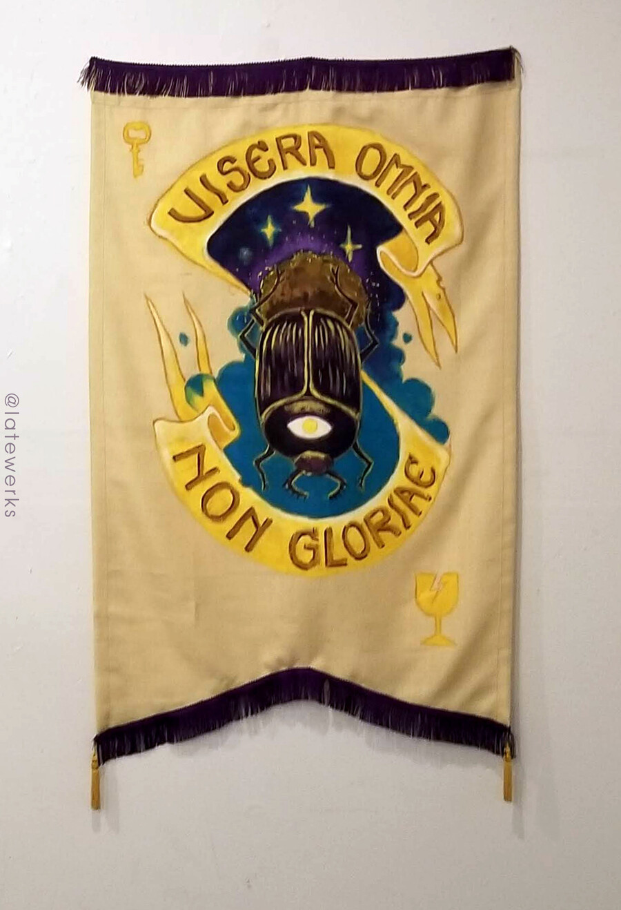 Acrylic on re-purposed dollar store curtain.